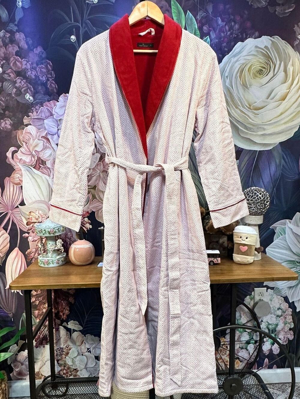 Noble Mount S White Cotton Robe Geometric Print Shawl Collar Belted Red Trim